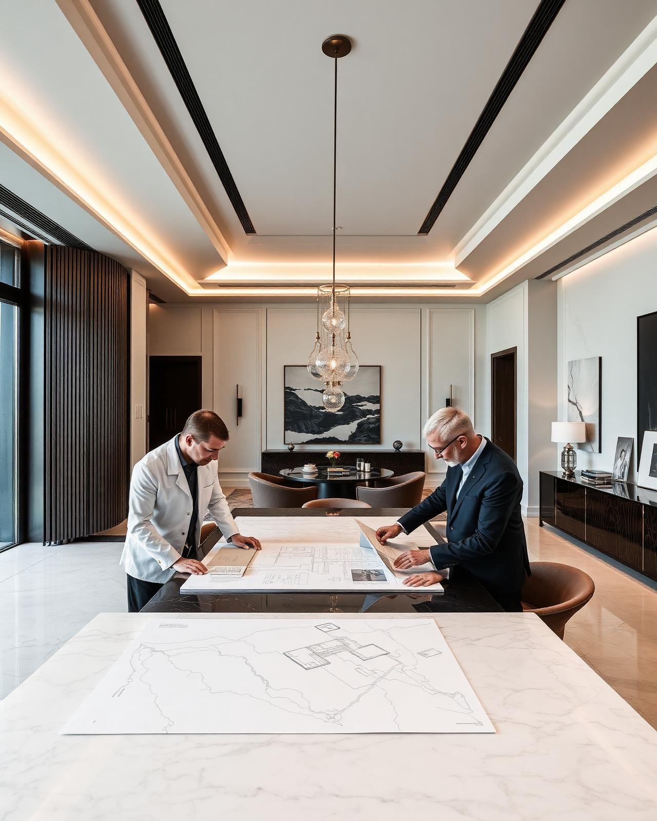 NYSSA DE LUXURIA design studio with architects reviewing villa plans