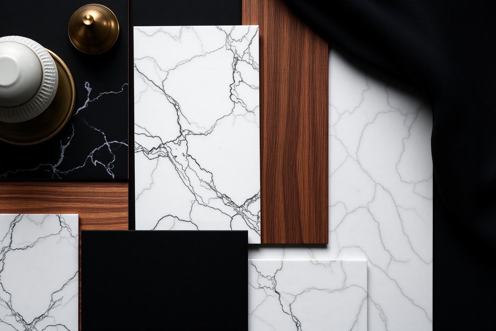 Luxury material flatlay — marble, walnut veneer, brass and fabric
